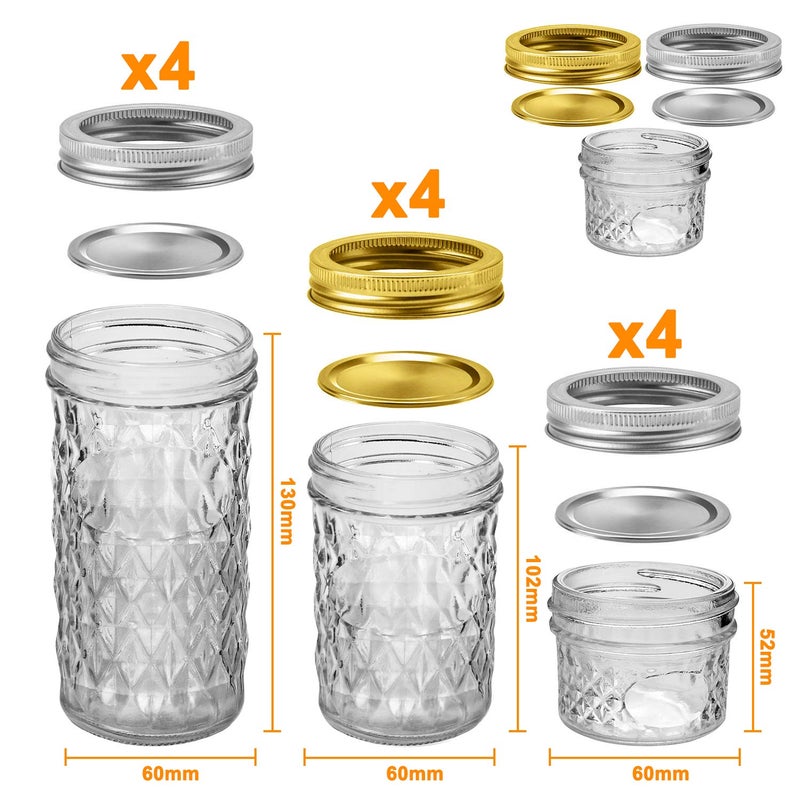 SPANLA 12 Pack Glass Mason Canning Jars With Regular Lids, Ideal for Jam, Jelly, Honey, Wedding Favors, Shower Favors, Baby Foods DIY Spice Jars - 4 OZ x 4, 8 OZ x 4, 12 OZ x 4 - Image 2